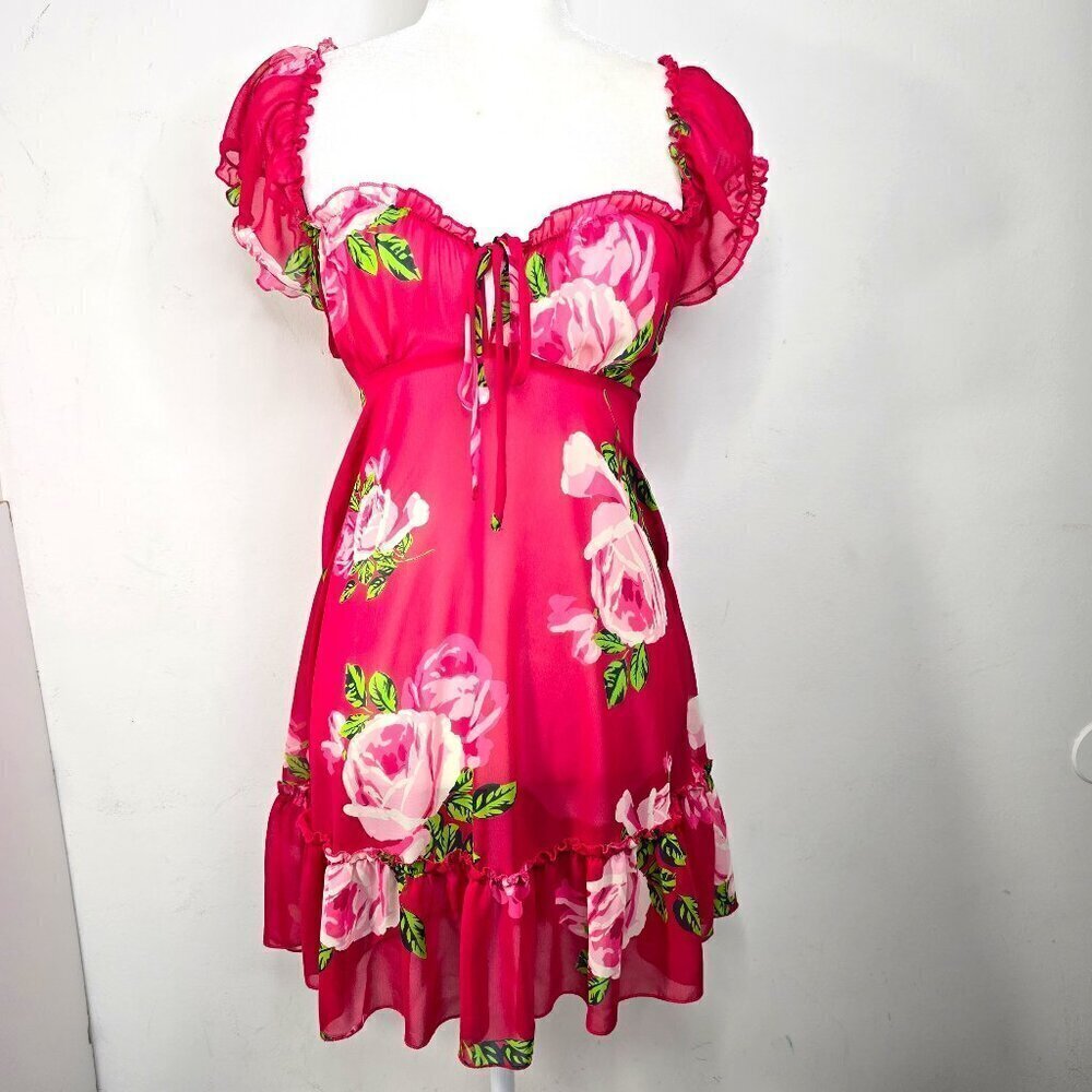 Vintage Y2K Red Floral Mesh Puff Sleeve Fairycore Ruffle Peony Dress